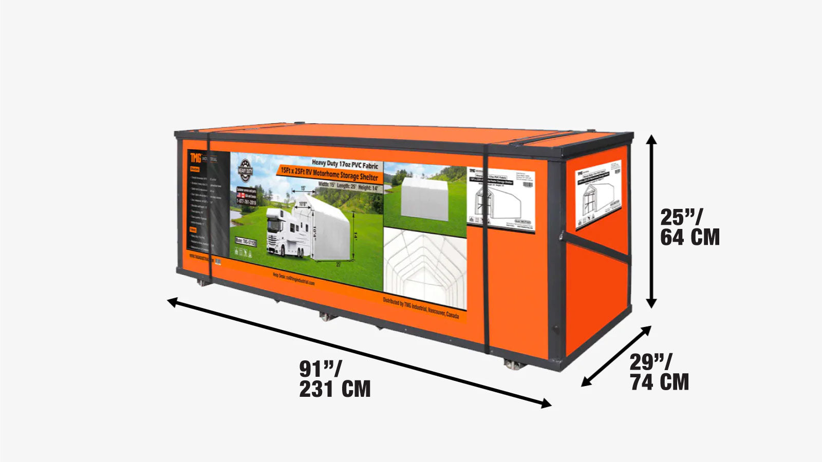 Wohnmobil-/Reisemobil-Lagerunterstand, 4,57 m x 7,62 m, 17 oz PVC-Gewebeabdeckung, aufrollbare Fronttür, geschlossene Rückwand, 3-lagiger verzinkter Stahlrahmen, 3,05 m lange gerade Seitenwände, TMG-ST1525-shipping-info-image