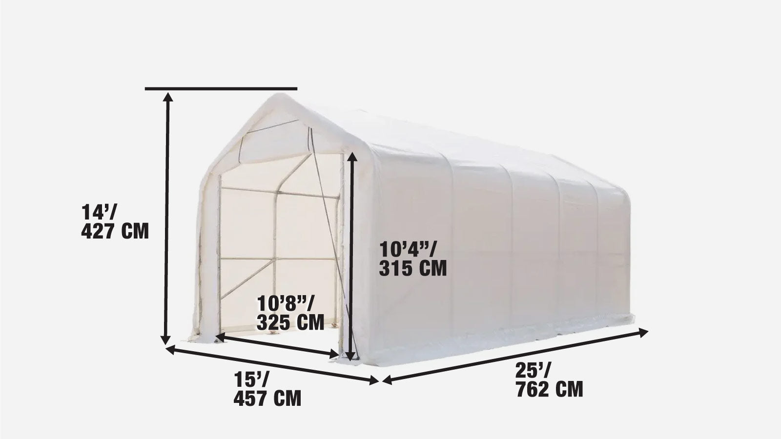 Wohnmobil-/Reisemobil-Lagerunterstand, 4,57 m x 7,62 m, 17 oz PVC-Gewebeabdeckung, aufrollbare Fronttür, geschlossene Rückwand, 3-lagiger verzinkter Stahlrahmen, 3,05 m lange gerade Seitenwände, TMG-ST1525-specifications-image