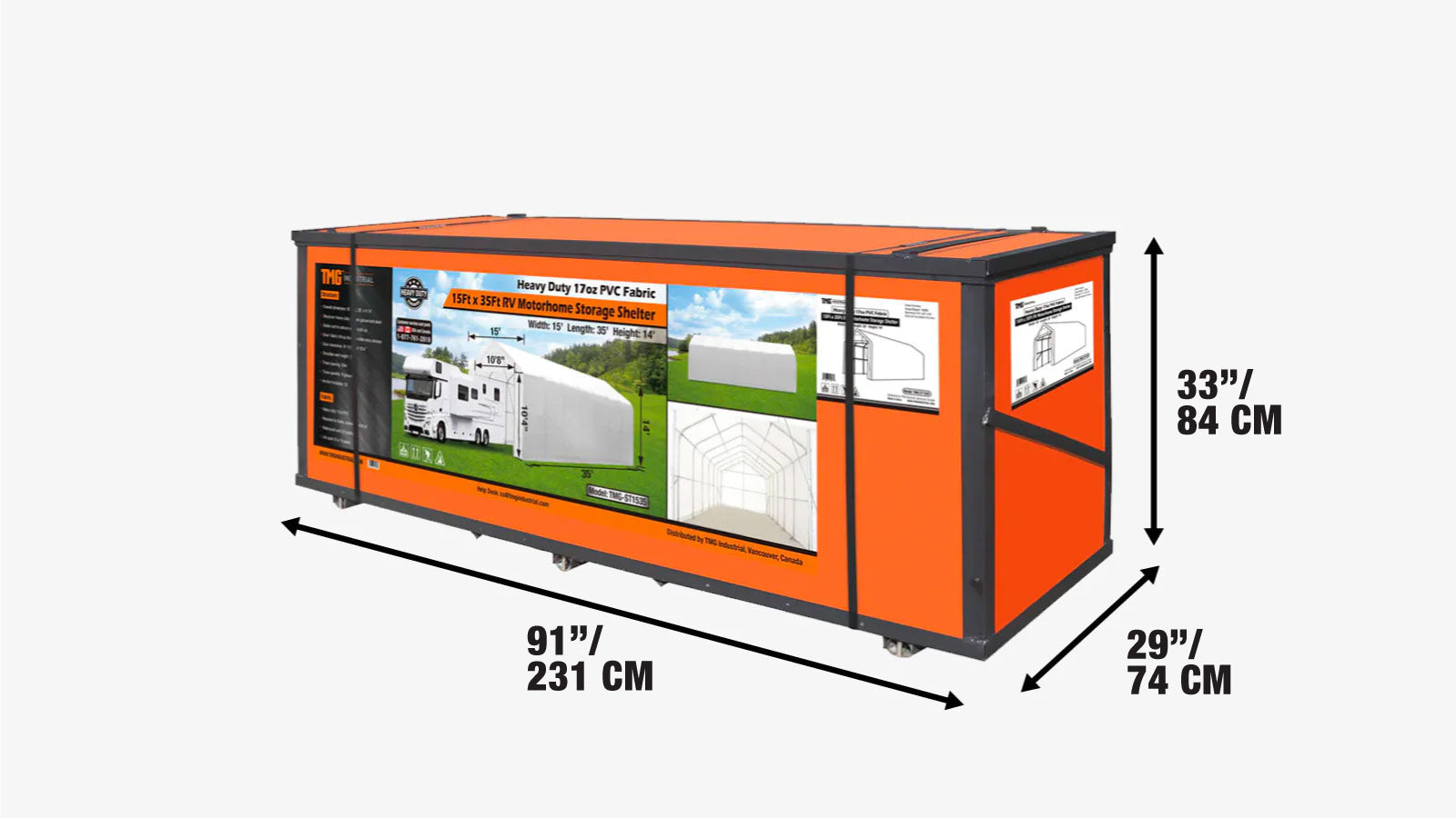 15' x 35' Wohnmobil-Carport, 17 oz PVC-Gewebeabdeckung, aufrollbares Vordertor, geschlossene Rückwand, 3-lagiger verzinkter Stahlrahmen, 10' gerade Seitenwände, TMG-ST1535-shipping-info-image