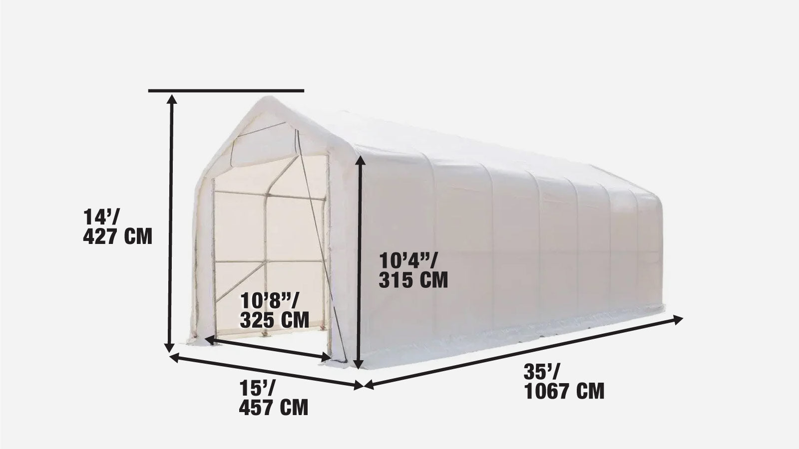 15' x 35' Wohnmobil-Carport, 17 oz PVC-Gewebeabdeckung, aufrollbares Vordertor, geschlossene Rückwand, 3-lagiger verzinkter Stahlrahmen, 10' gerade Seitenwände, TMG-ST1535-specifications-image