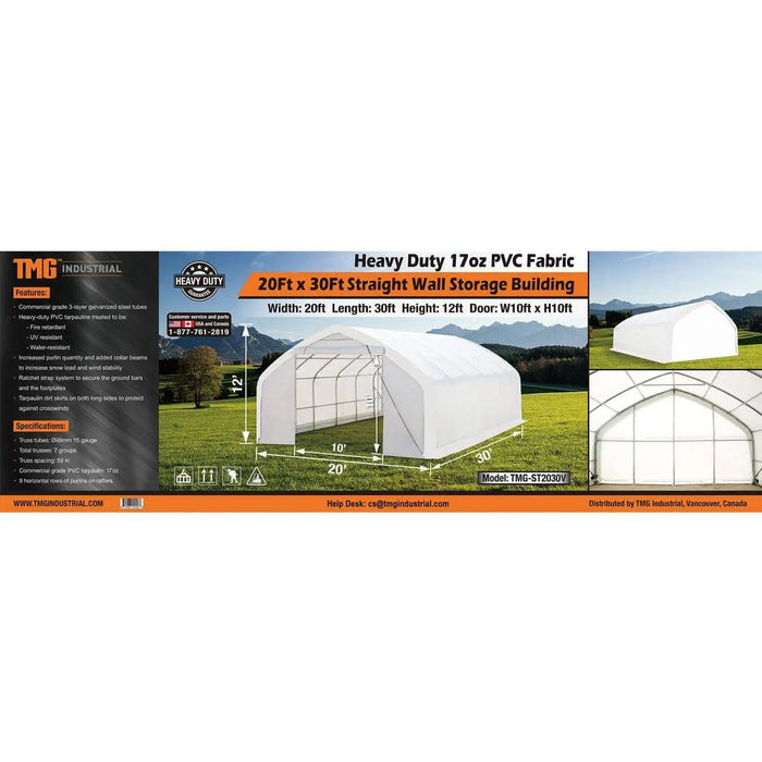 TMG Industrial 20' x 30' Straight Wall Peak Ceiling Storage Shelter with Heavy Duty 17 oz PVC Cover & Drive Through Door, TMG-ST2031V (Previously ST2030V)