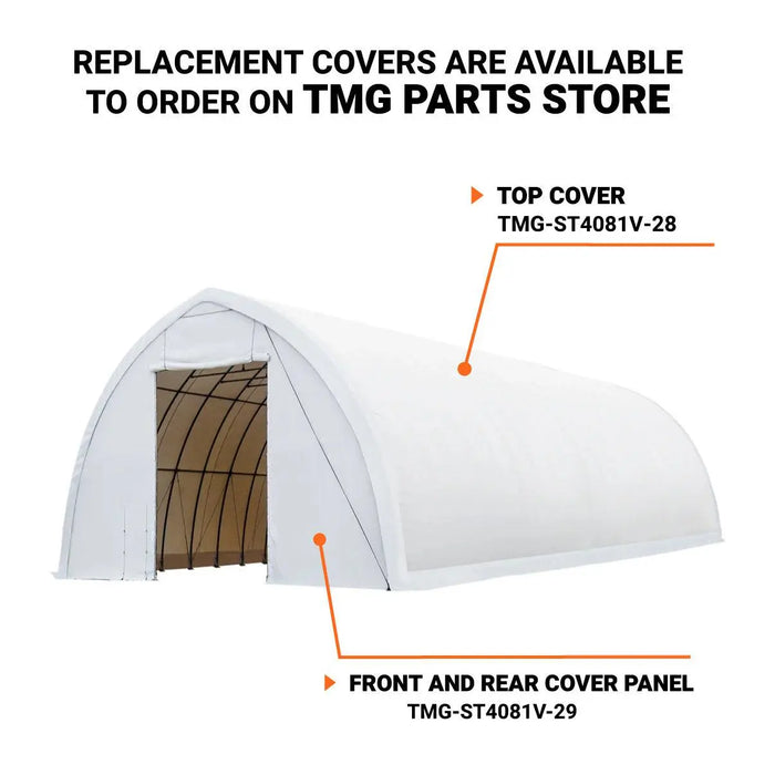 TMG-ST4081V 40' x 80' Peak Ceiling Storage Shelter, Single Truss, 17oz Commercial Grade PVC Cover, 13' Wx 16' H Wide Open Door on Two End Walls (Discontinued)