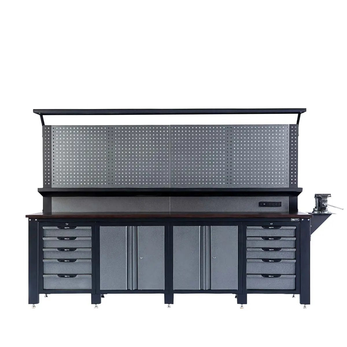 TMG 2.8m Workbench with Solid Wood Benchtop, Pegboards and Bench Vice ...