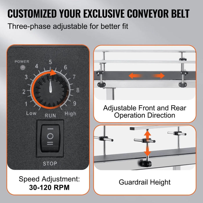 VEVOR Belt Conveyor, 59 x 23.6 inch Conveyor Table, Heavy Duty Stainless Steel Motorized Belt Conveyor for Inkjet Coding Applications Powered PVC Belt Anti-Static Adjustable Speed (Double Guardrail), DOBA-CB59