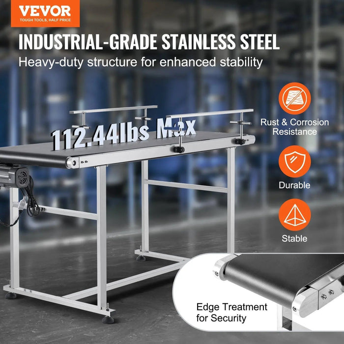 VEVOR Belt Conveyor, 59 x 23.6 inch Conveyor Table, Heavy Duty Stainless Steel Motorized Belt Conveyor for Inkjet Coding Applications Powered PVC Belt Anti-Static Adjustable Speed (Double Guardrail), DOBA-CB59