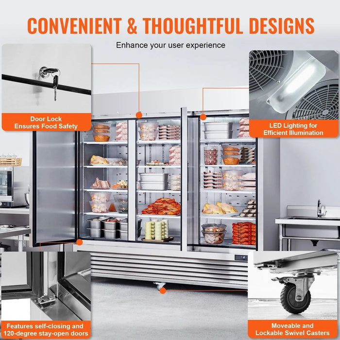 VEVOR Commercial Freezer 60.42 Cu.ft, Reach In 82.5" W Upright Freezer 3 Doors, Auto-Defrost Stainless Steel Reach-in Freezer with 12 Adjustable Shelves, -13 to 5°F Temp Control, 4 Wheels, DOBA-FZ60