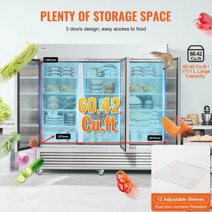 VEVOR Commercial Freezer 60.42 Cu.ft, Reach In 82.5" W Upright Freezer 3 Doors, Auto-Defrost Stainless Steel Reach-in Freezer with 12 Adjustable Shelves, -13 to 5°F Temp Control, 4 Wheels, DOBA-FZ60