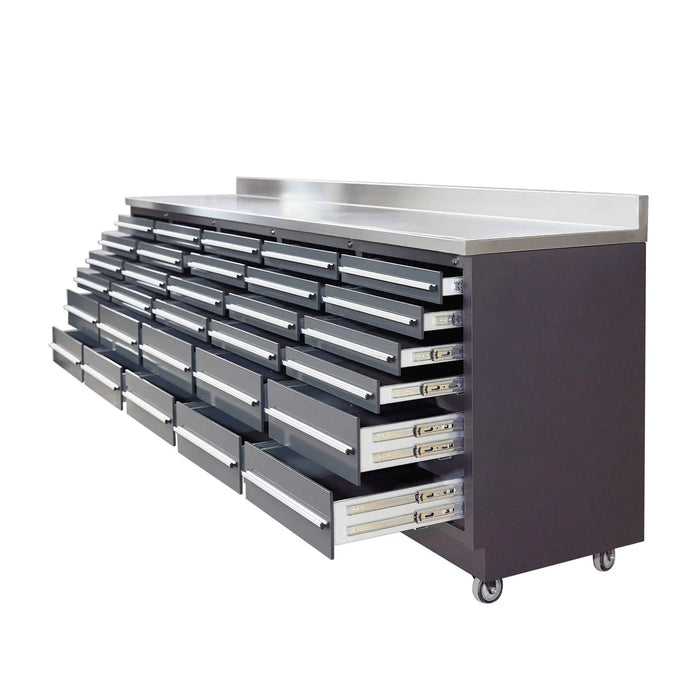 Pro Series 9-Ft 30-Drawer Workbench with Stainless Steel Top, Ball Bearing Double Slides & Casters, TMG-WB930