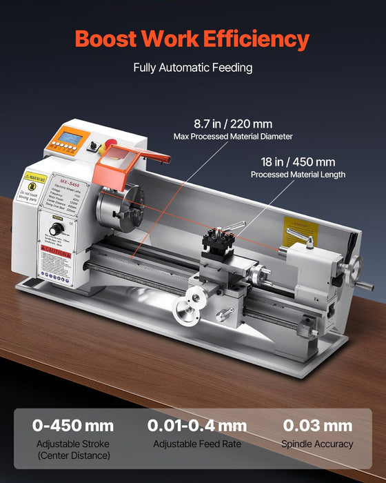 8,7" x 18" Metalldrehmaschine, 1250-W-Bürstenlosmotor, Drehzahlregelung 0–2500 U/min, Tischdrehmaschine mit automatischem Vorschub, DOBA-ML8718