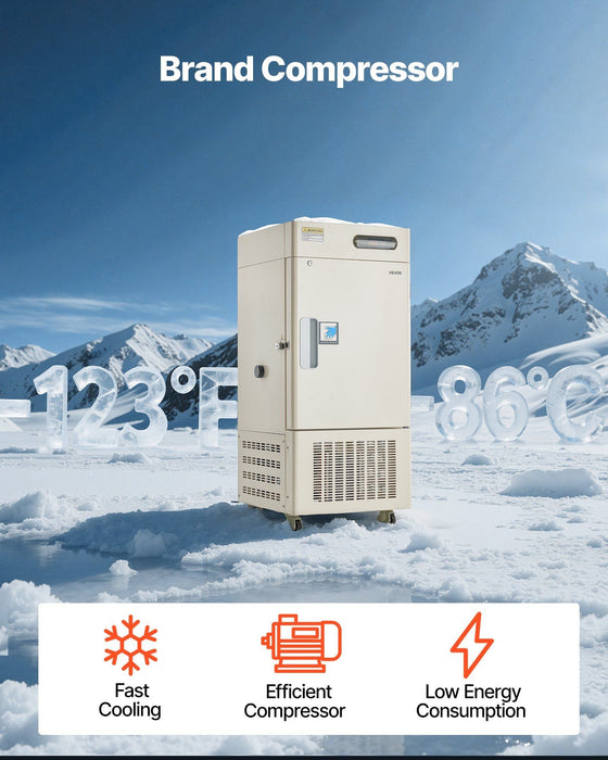 28L Ultra Low Temperature Lab Freezer, −40°F to −123°F Adjustable Temperature Range, Compact Stainless Steel Design, DOBA-LF28