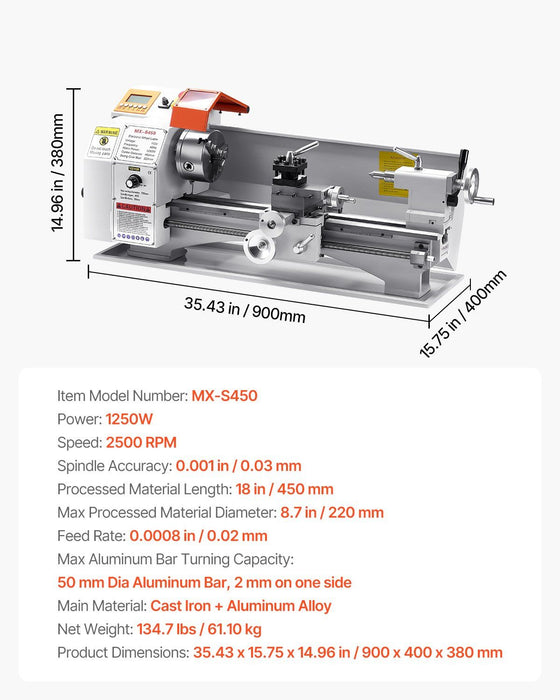 8,7" x 18" Metalldrehmaschine, 1250-W-Bürstenlosmotor, Drehzahlregelung 0–2500 U/min, Tischdrehmaschine mit automatischem Vorschub, DOBA-ML8718