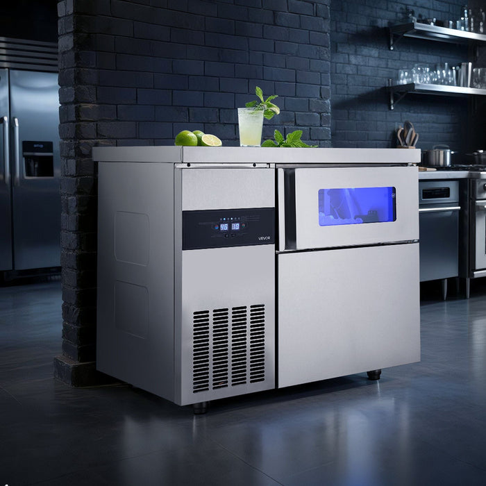 220 lbs/24H Commercial Ice Maker, Stainless Steel with Worktop, 66 lbs Storage & 108 Cubes per Cycle, Self-Cleaning Freestanding Design, DOBA-IM220