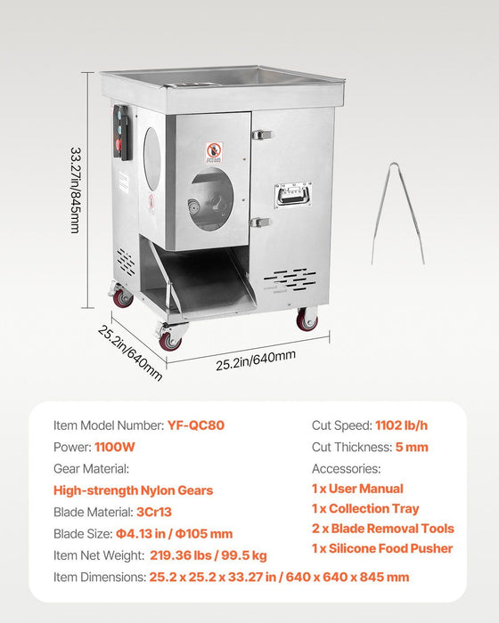 1100W Meat Cutter Machine, 1102 lb/h Capacity, 5 mm Stainless Steel Blades, Commercial Electric Meat Slicer, DOBA-MC1100